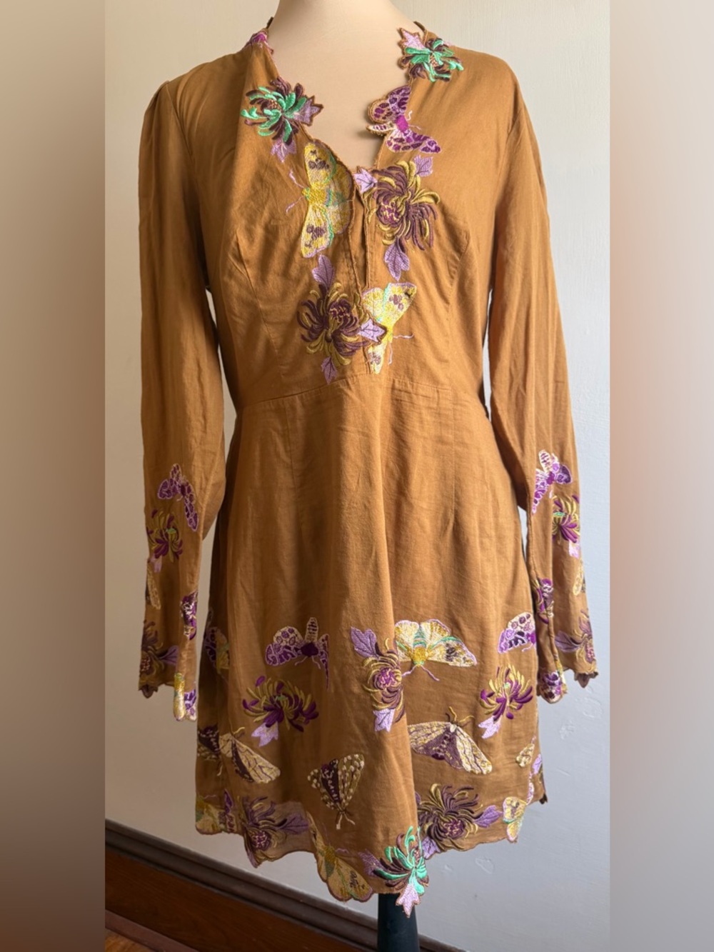Maeve Anthropologie Embroidered Boho Dress Mustard Caramel Brown Size 12 NWT